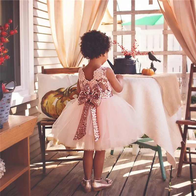 Новинка года; платье принцессы Одежда для девочек праздничное платье с блестками и бантом и открытой спиной для первого дня рождения для девочек; От 1 до 5 лет vestido infantil