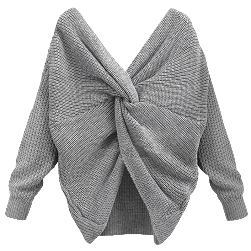 

EFINNY Women V Neck Back Twisted Sweater Female Autumn Winter Long Sleeve Knitted Sweaters Pullovers pull femme