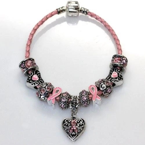 9 Genuine Leather Bracelet Pink Breast Cancer Awareness Charm Bracelet