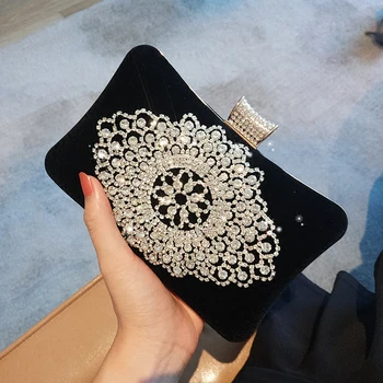 

Free shipping Women Fashion rhinestone Evening Bags Small Day Clutch Chains Velvet Evening Bags flower crystal bridesmaid bag