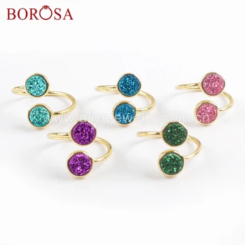 

BOROSA 5PCS Gold Bezel Mixed Double Round Drusy Titanium Dark Rainbow Druzy Rings Adjustable Ring Jewelry Summer Style ZG0364