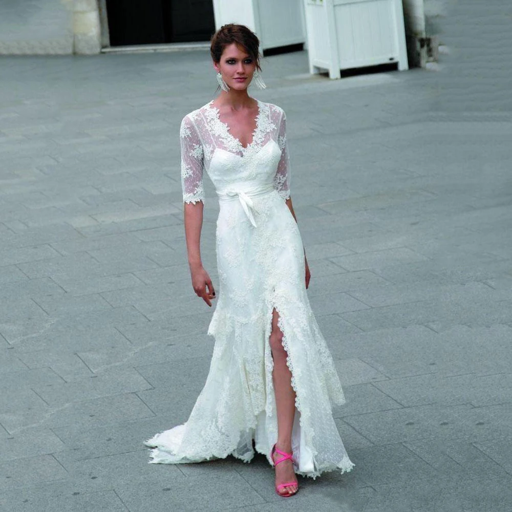 0701-2019 V-neck A-line Wedding Dress Half Sleeves Fully Lace Tiered Split Floor Length Bridal Gown With Sash
