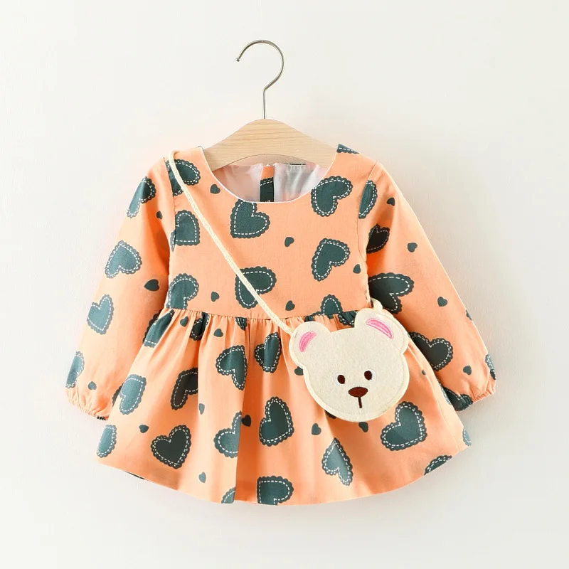 Hilenhug/платье для маленьких девочек от 6 до 36 месяцев, одежда для маленьких детей, с сумкой медведя, с длинными рукавами, розового и желтого цвета