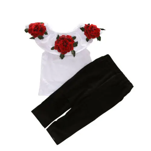 

Baby Girl Clothes Summer Sleeveless White Top T-shirt Solid Pant Rose Flowers Outfits Set