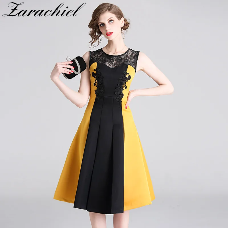

2019 Summer Elegant Lady Sleeveless Embroidery Lace Patchwork Hit Color A-Line Midi Dress Women O Neck Office Party Tank Dress