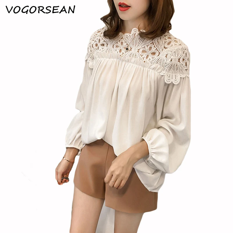 

VogorSean Summer Short Womens Blouses Shirts 2019 Chiffon Lace Splice Large size Free bust 3/4 sleeve Women Tops Black/White