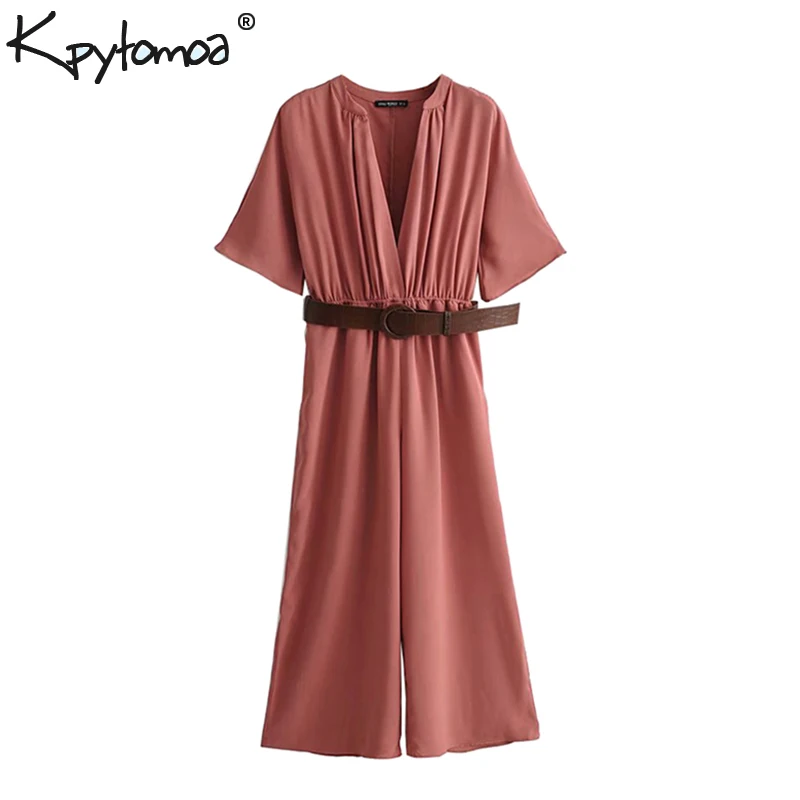 

Vintage Stylish Belted Wide Leg Wrap Jumpsuit Women 2019 Fashion V Neck Short Sleeve Pocket Ladies Rompers Casual Bodysuit Mujer