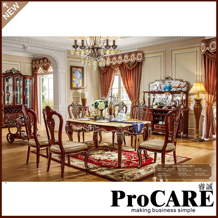 Natural Solid Wood Furniture Set One Table Six Chairs wood carving dining table set