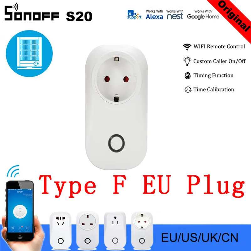 

10pcs Sonoff S20 EU Plug Wifi Smart Power Socket Switch Wireless APP Remote Socket Outlet Timing Switch for Smart Home Alexa HWC