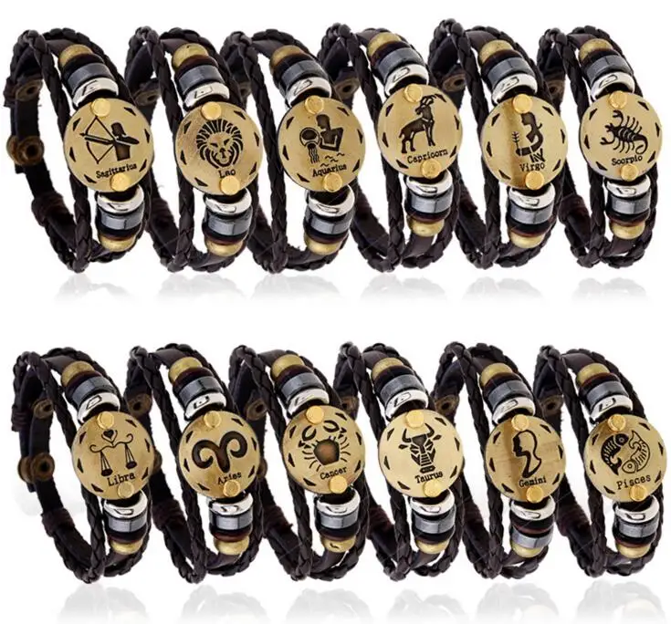 

Twelve Constellations Leather Bracelets Leather Wrap Bracelets zodiac Leather Bracelet For Men