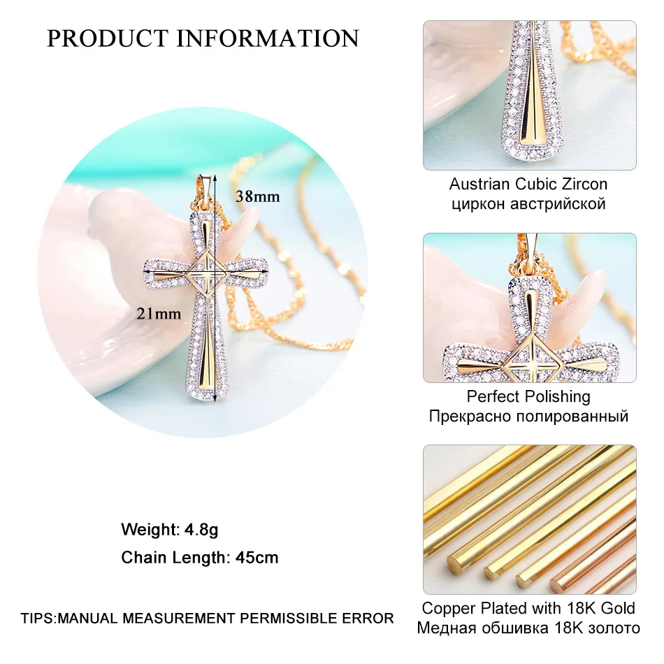 LADYCHIC Gold Color Cross Pendant Necklaces for Woman Trendy Cubic Zirconia Crystal Necklace Jewelry Christian Catholic Bijoux