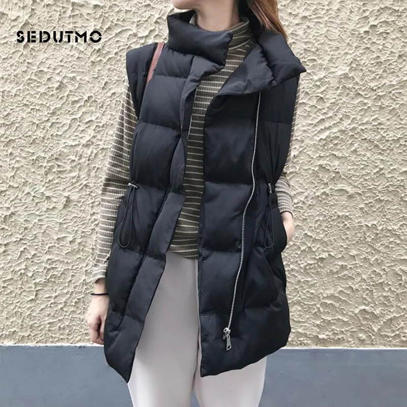 SEDUTMO зимний длинный жилет для женщин, парки, туника, куртка в уличном стиле, пальто без рукавов, винтажный черный жилет, базовая верхняя одежда ED427