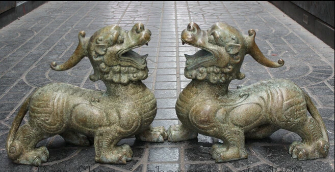 

xiuli 003228 18" Chinese Fengshui Folk Bronze Pixiu Unicorn Beast Kylin Statue sculpture Pair