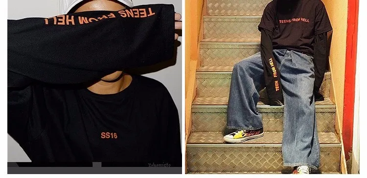 Свободные Для мужчин Ретро футболка Длинные рукава ss16 в стиле хип-хоп Уличная подростков из ада молодежная одежда, новое поступление