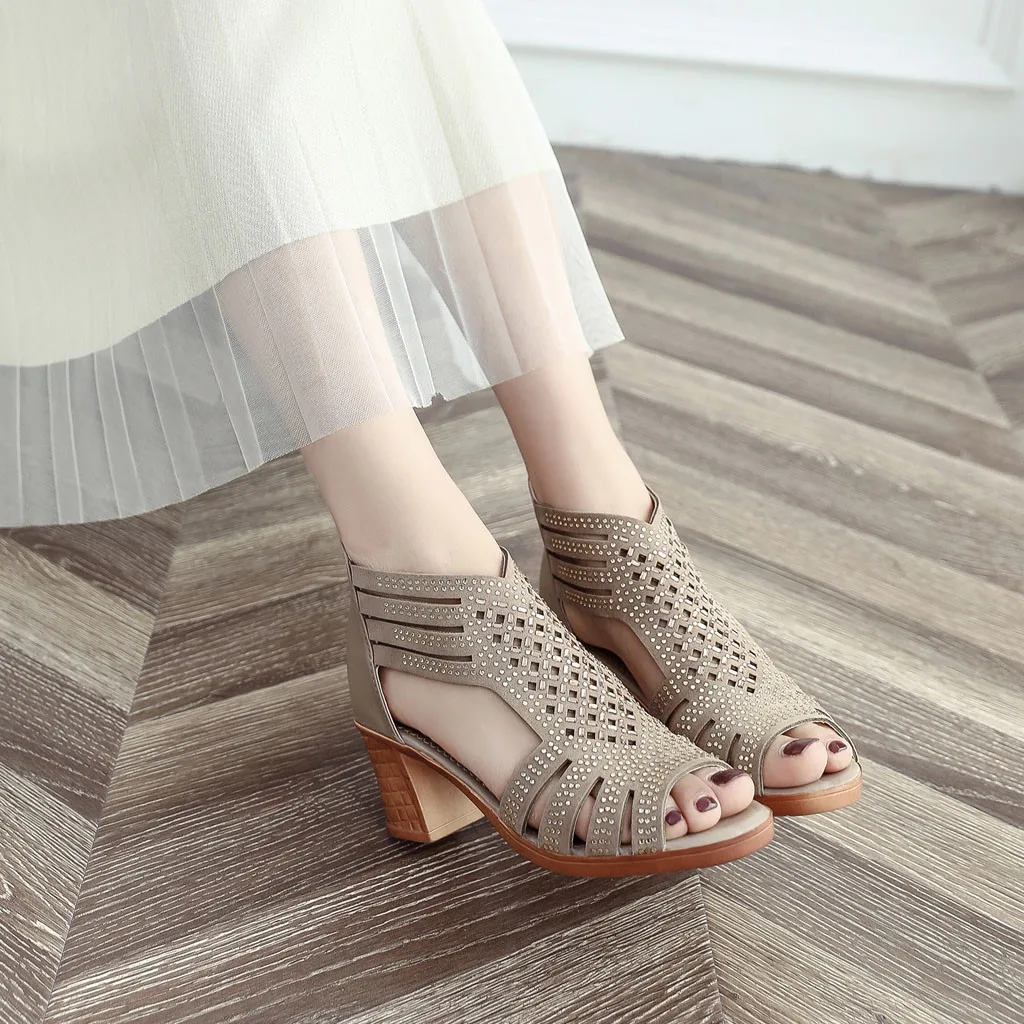 

Spring Summer Ladies Women Crystal Sandals Fashion Fish Mouth Hollow Roma Shoes
