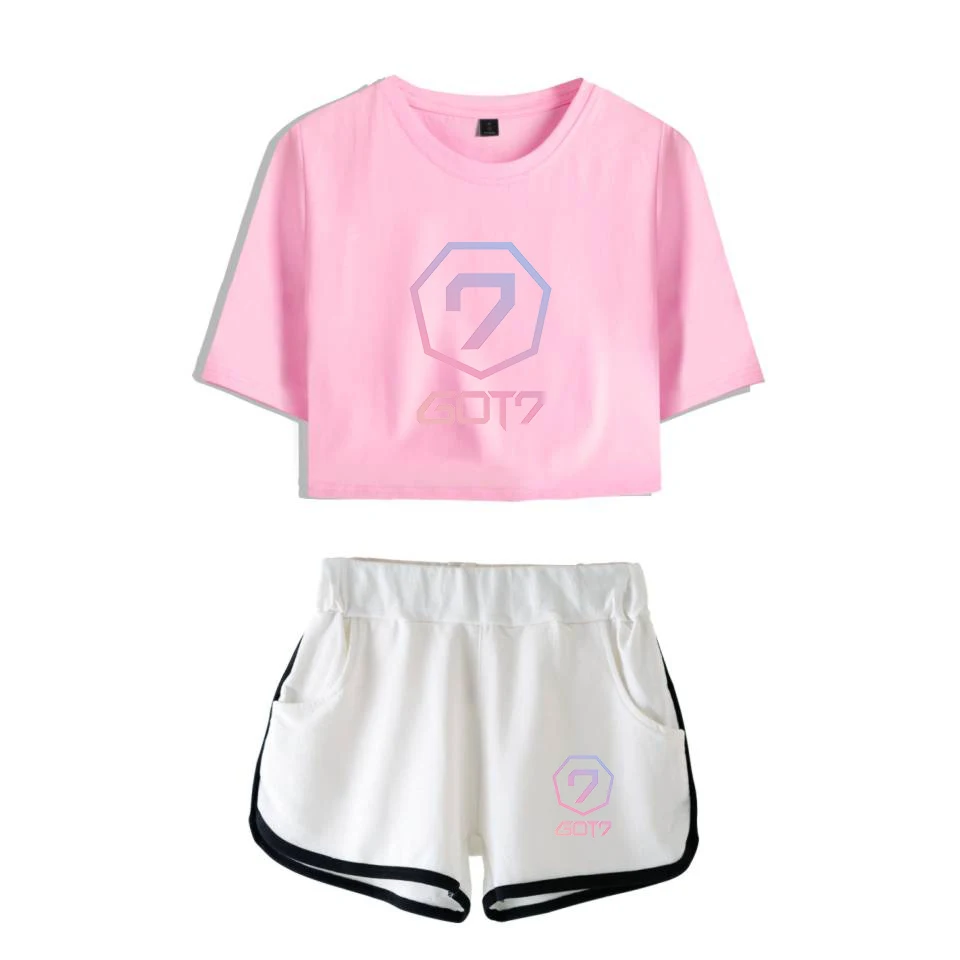 LUCKYFRIDAYF Harajuku Kpop 2018 GOT7 мода Поп летом костюм шорты и футболки принт Для женщин Fit Хип-хоп Повседневное Стиль одежда