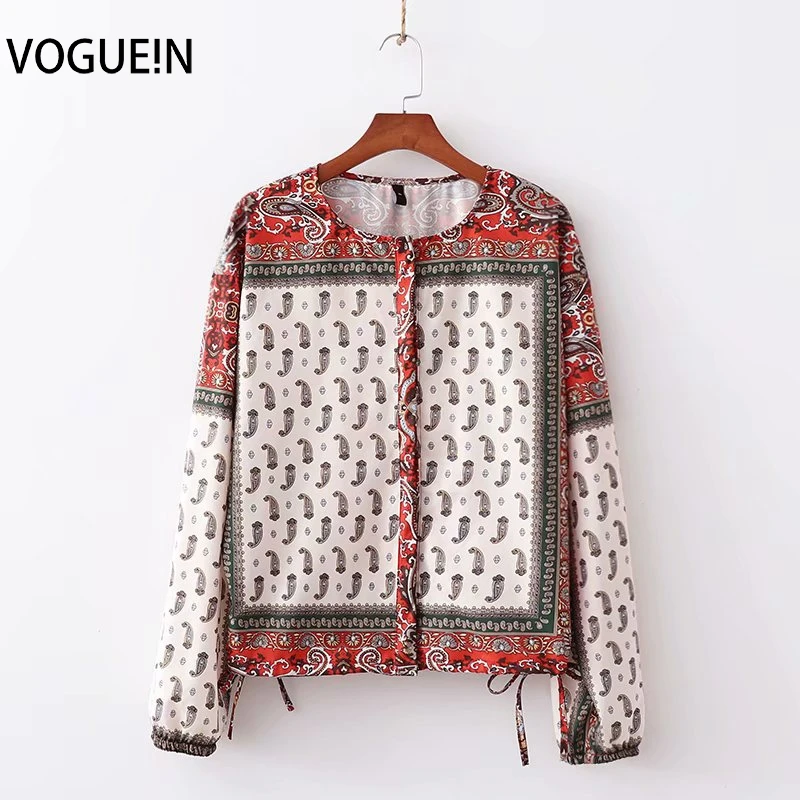

VOGUEIN New Womens Summer Ethnic Floral Print Long Sleeve Short Blouse Top Shirt Wholesale