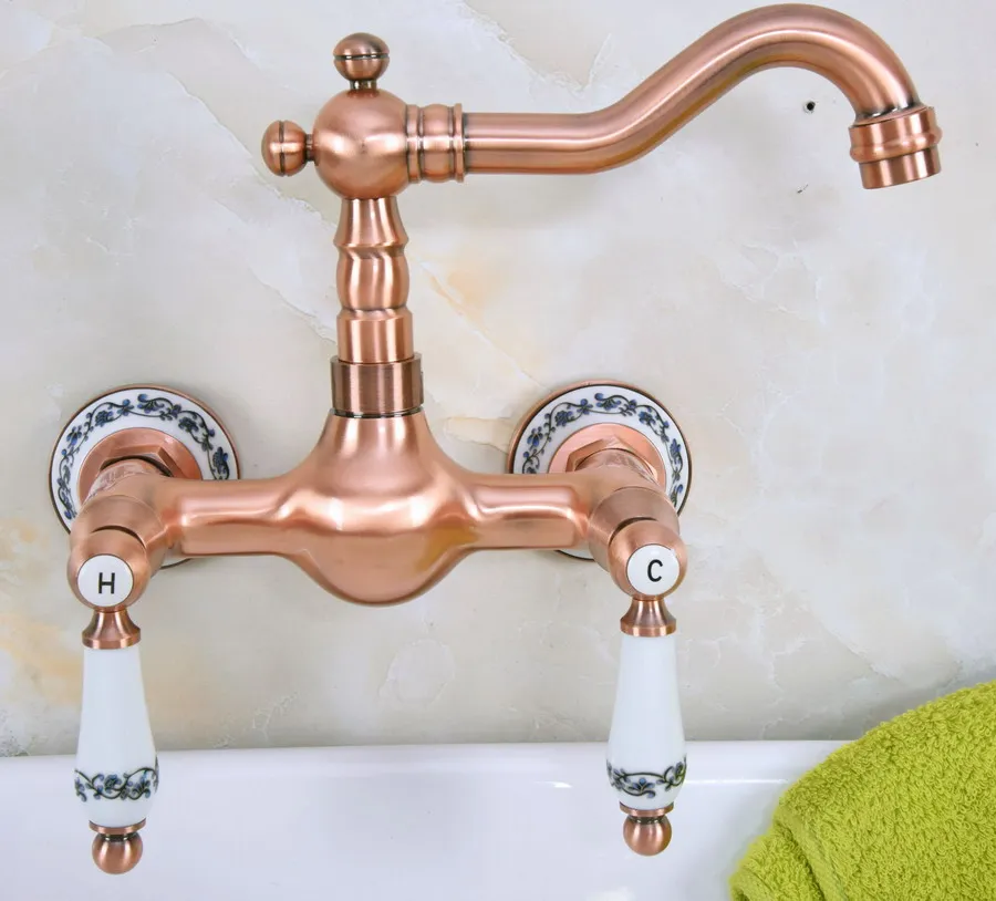 Antique Red Copper Brass Wall Mounted Bathroom Kitchen Sink Faucet Swivel Spout Mixer Tap Dual Ceramics Handles Levers anf955