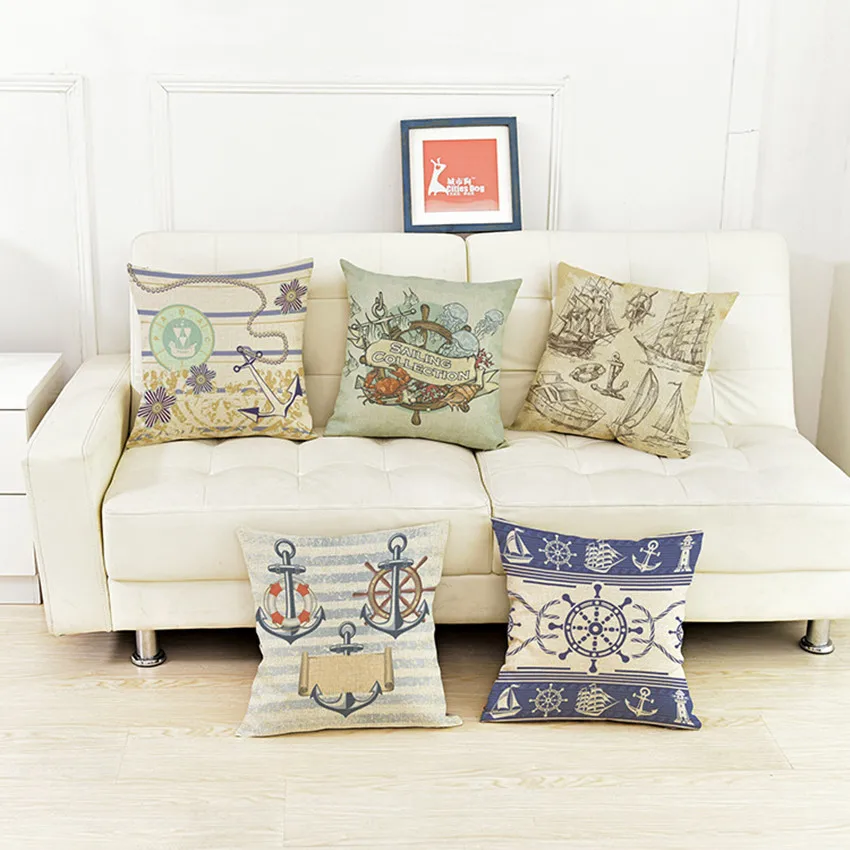 Vintage Nautical Anchor Sailor Sailing Cotton Linen Cushion Cover Sofa