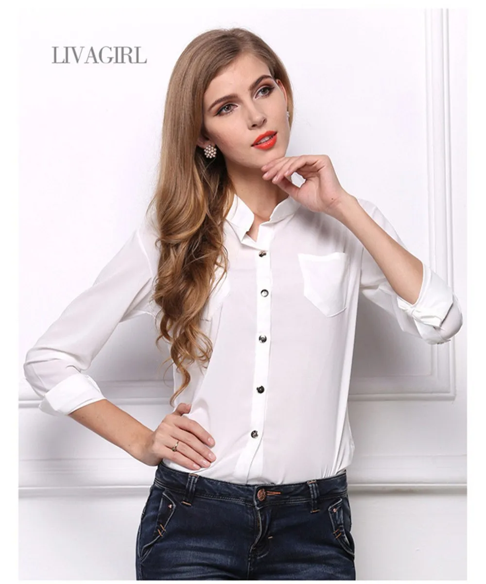 Mainland Women Blouses Fashion Summer Style Long Sleeve Sequin Chiffon Ladies Office Shirt White Blue Tops Formal Working Shirt (11)
