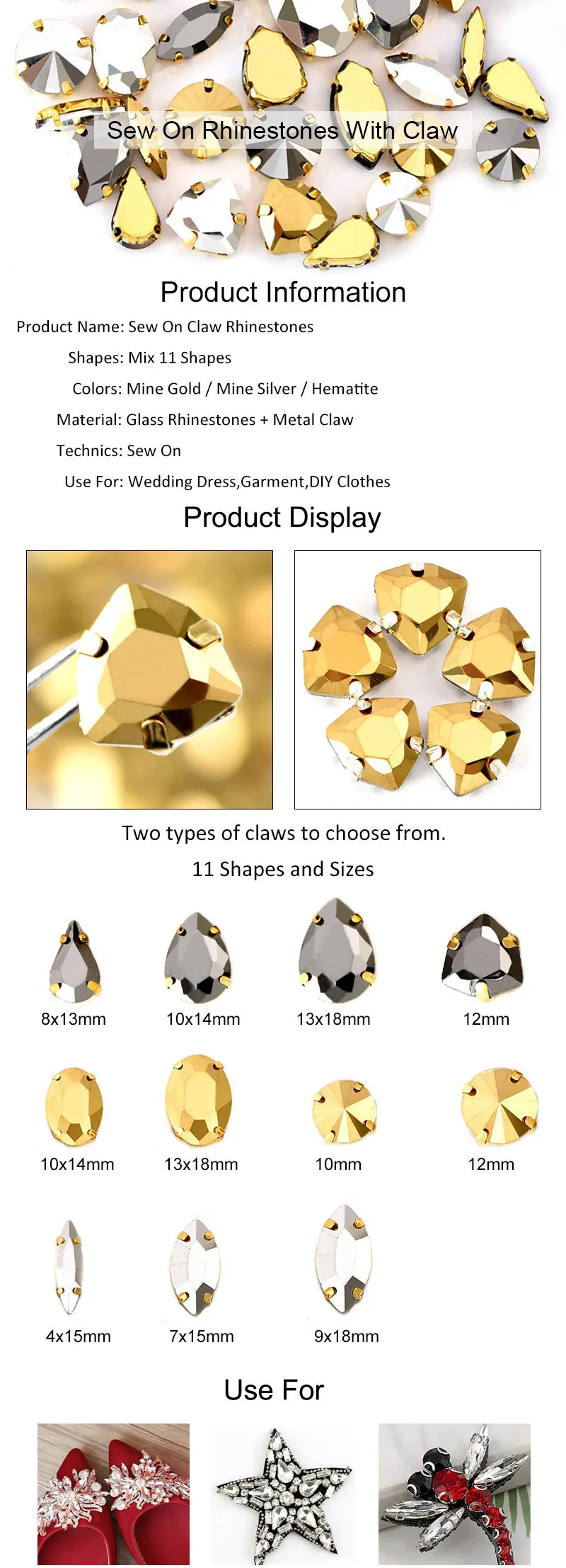 Шахта золото микс 11 форм пришить Стразы Золотой Коготь Установка стекло кристалл Высокое качество пришить коготь стразы для одежды B3791