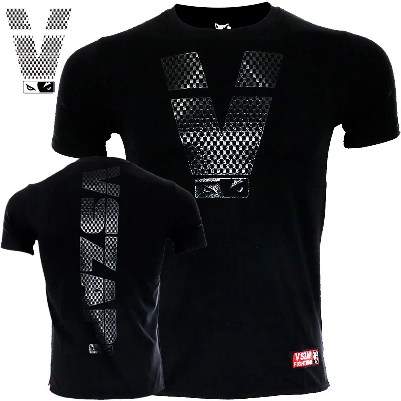 Black VSZAP бренд фитнес с коротким рукавом для мужчин спортивный бокс Sanda MMA футболка для тренировок эластичные повседневные Модные Tid Muay тайские футболки - Цвет: Black