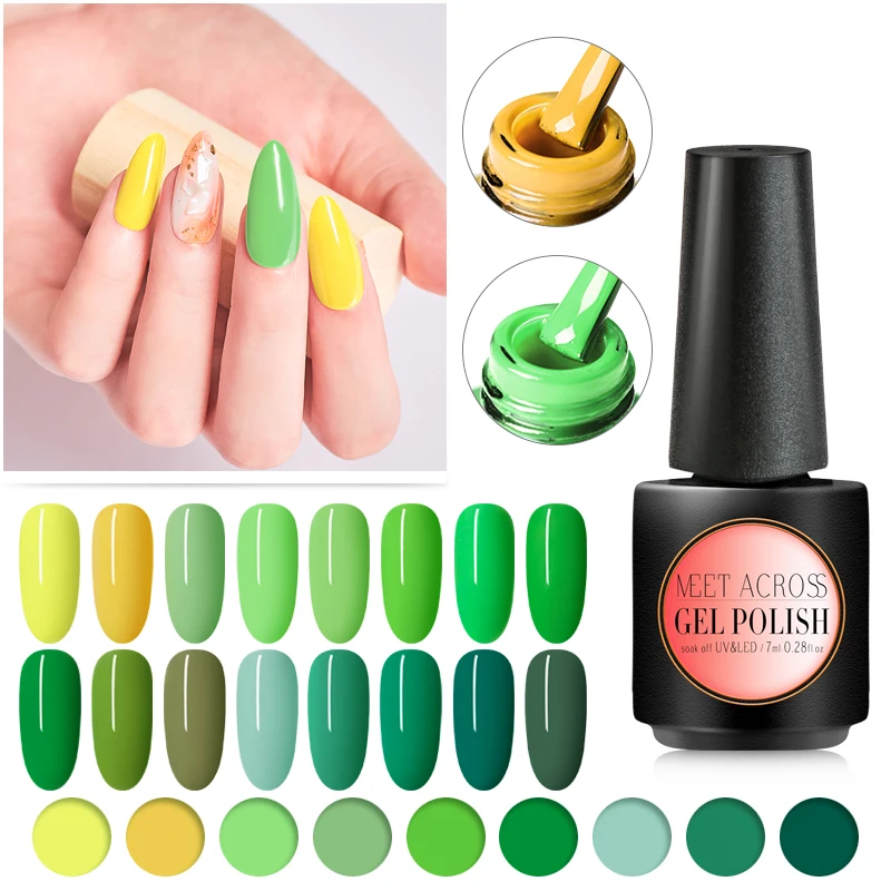 

MEET ACROSS 7ml Color Gel Nail Polish Green Series Gel Varnish Soak Off UV LED Gel Nail Polish Base Coat Top Colors Gel Polish