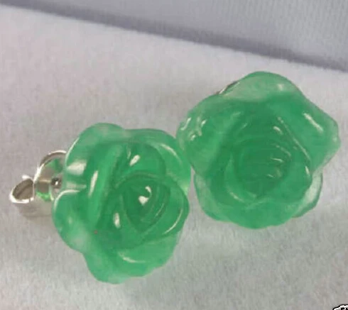 

ry00613 PRETTY CHINESE CARVED GREEN ROSE FLOWER STUD EARRINGS