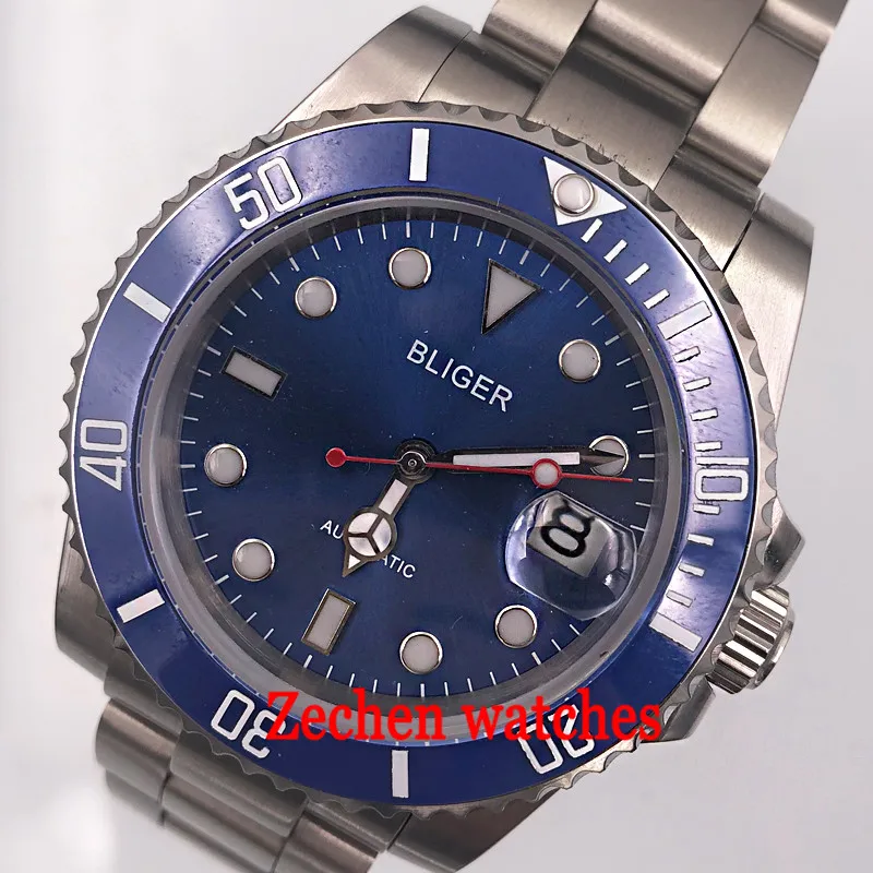 40mm Bliger blue dial blue caremic sapphire crystal mens watch sliver case automatic movement mens watch AUTO Date watch 40mm Bliger blue dial blue caremic sapphire crystal mens watch sliver case automatic movement mens watch AUTO Date watch