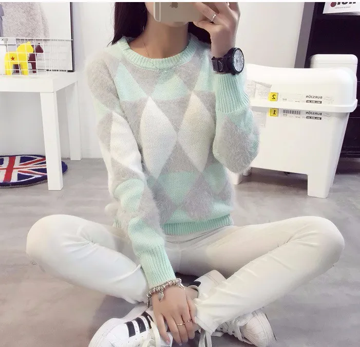 2019 Female Pullovers Winter Sweater Fashion Women Spring Autumn Pullover Long Sleeve Plaid Casual Ladies Sweaters