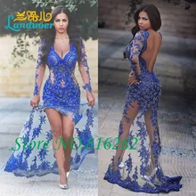 V-Ausschnitt Langarm Appliques Spitze Meerjungfrau Abendkleider 2016 Durchsichtig Tüll Prom Kleid Sexy Backless Hohe Split prom Kleider