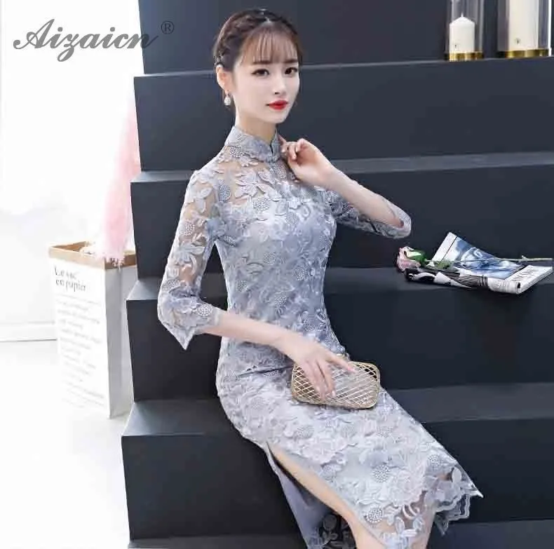 Verano nueva de encaje bordado Cheongsam современный сексуальный Qi Pao bata Восточный las mujeres chino tradicional ropa vestido rosa