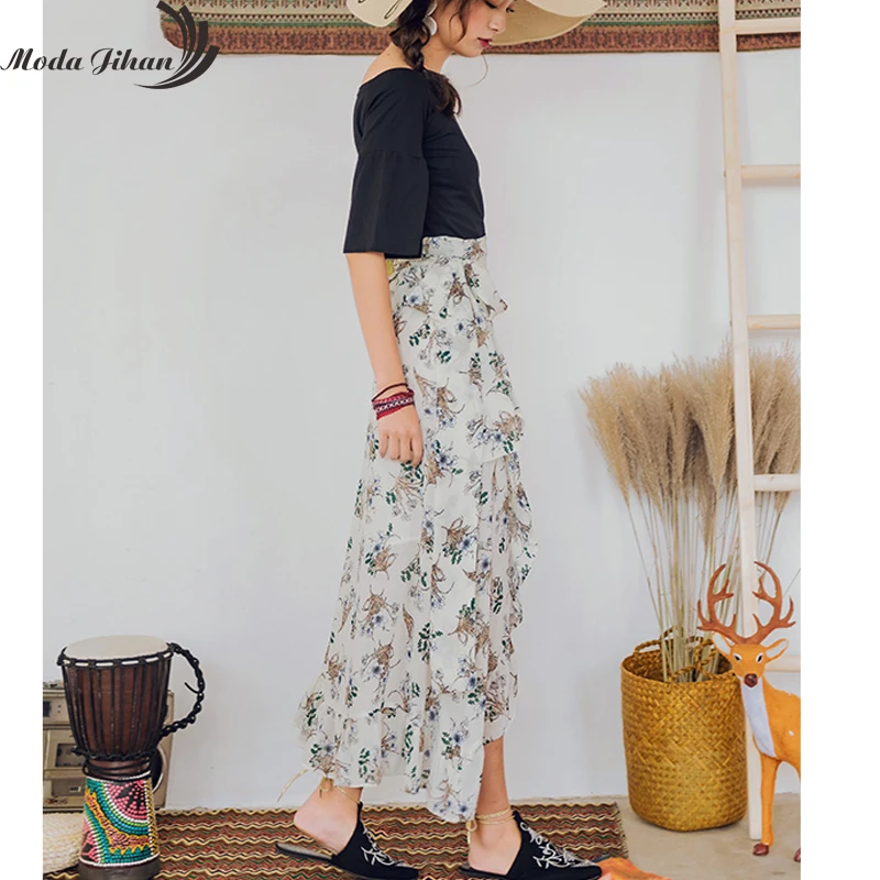 Moda jihan женские юбки летние длинные шифоновые юбки с оборками по подолу женские пляжные юбки завязываются бантом с высоким разрезом в стиле бохо