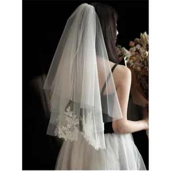 

2019 New ISHSY Short Bridal Veil weeding Veils white Ivory Tulle with comb Blusher Appliques Voiles Mariage velos de novia 2019