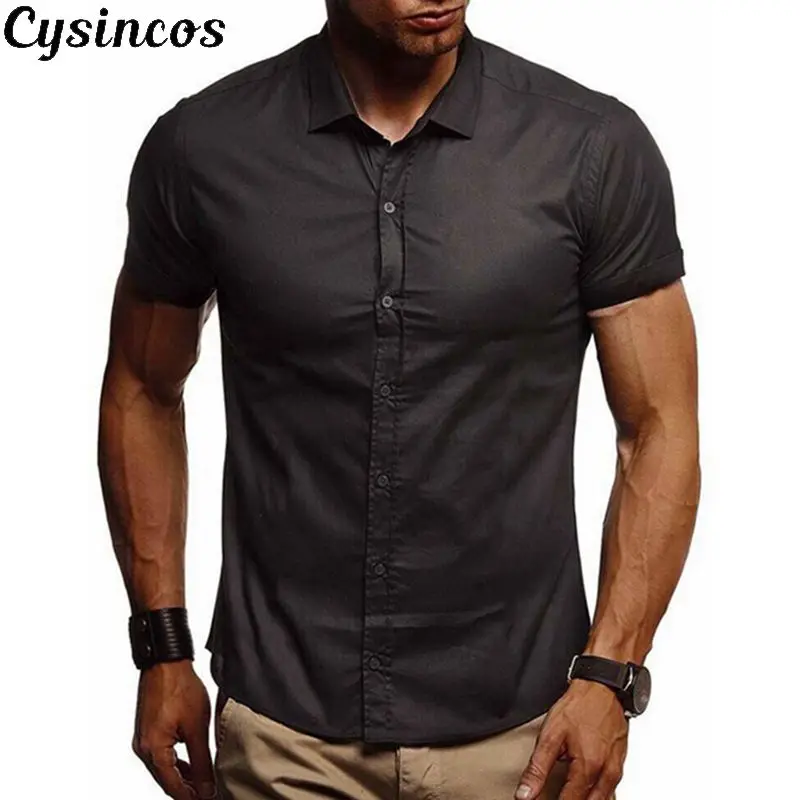 

CYSINCOS 2019 New Summer Casual Shirts Button Down Collar Slim Short Sleeve Solid Color Stretch Casual Business Office Shirt