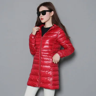 90% белый утиный пух, складываемое пальто, женский зимний ультра светильник, пуховик, Дамское длинное пуховое пальто с капюшоном размера плюс S-6XL, JK-152 - Цвет: Red