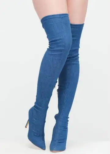 

2018 Woman spring and fall new denim over-the-knee long boots Ladies pointed toe thin high heel thigh boots SIZE 35-43