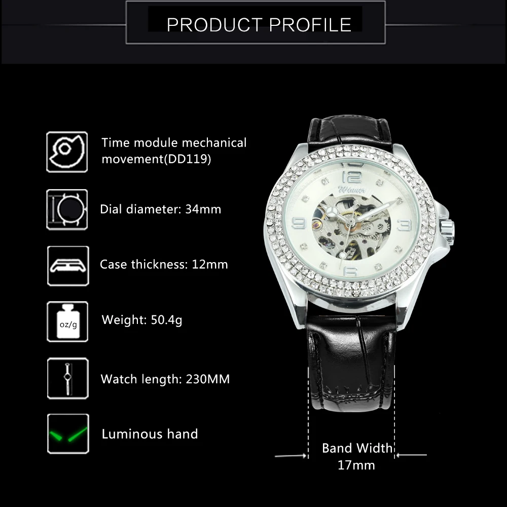 WINNER официальные винтажные повседневные женские часы автоматический механический кожаный ремешок с кристаллами Iced Out наручные часы Relogio Feminino
