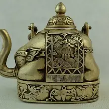Коллекционная Ручная старая белая медь и Мяо серебряная Резьба Слон большой чайник