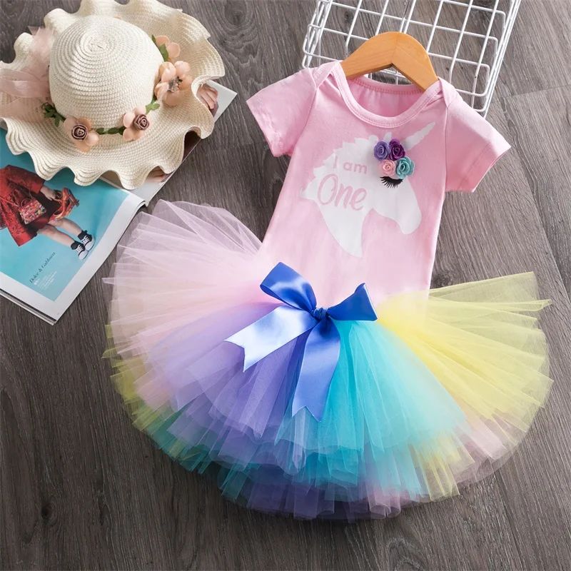 Платье с единорогом одежда на день рождения для маленьких девочек 1 год детское бальное платье на крестины для маленьких девочек, платья для крещения одежда для малышей от 0 до 12 месяцев