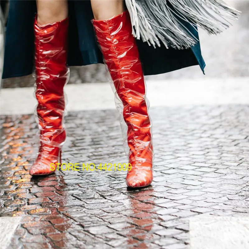 

Martin Boot Pointed Toe Satin And TPU Knee High Boots Luxury Designer Shoes For Women's Red Black Grey Stiletto High Heels Boots