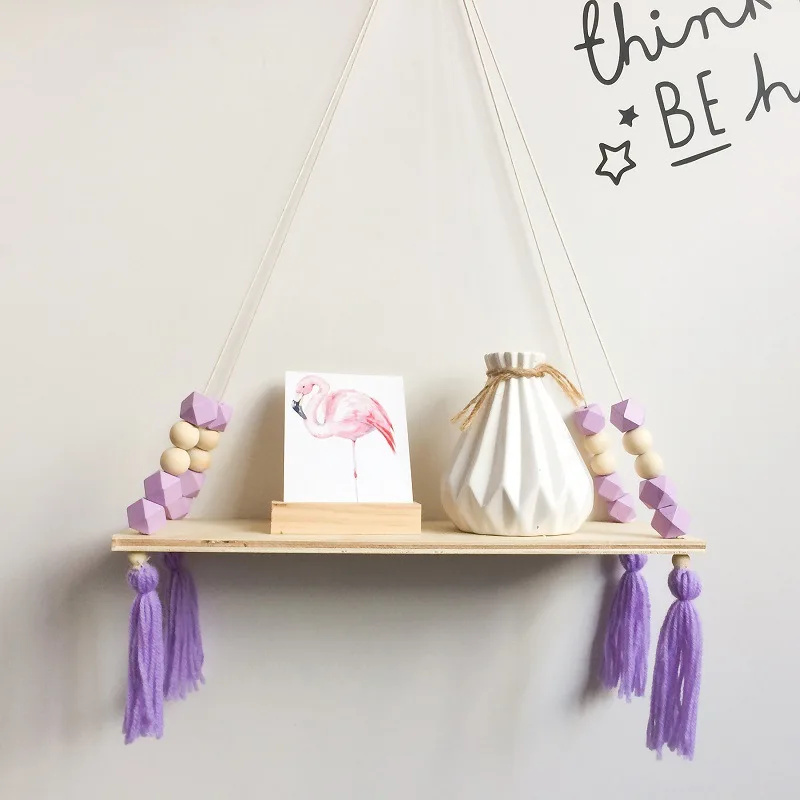 Скандинавские деревянные стеллажи для детской комнаты Восьмиугольные бусины с кисточкой настенные скандинавские настенные полки для маленьких дочек фотографии - Цвет: Purple