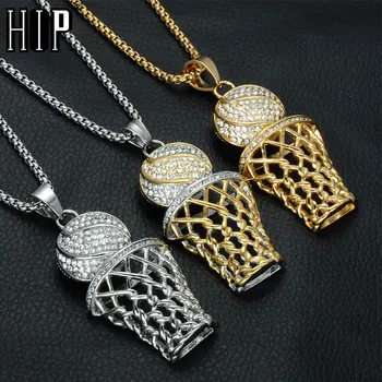 

HIP Hop Bling Iced Out Gold Full Rhinestone Basketball Pendants Necklaces 316L Stainless Steel Sports Necklace for Men Jewelry