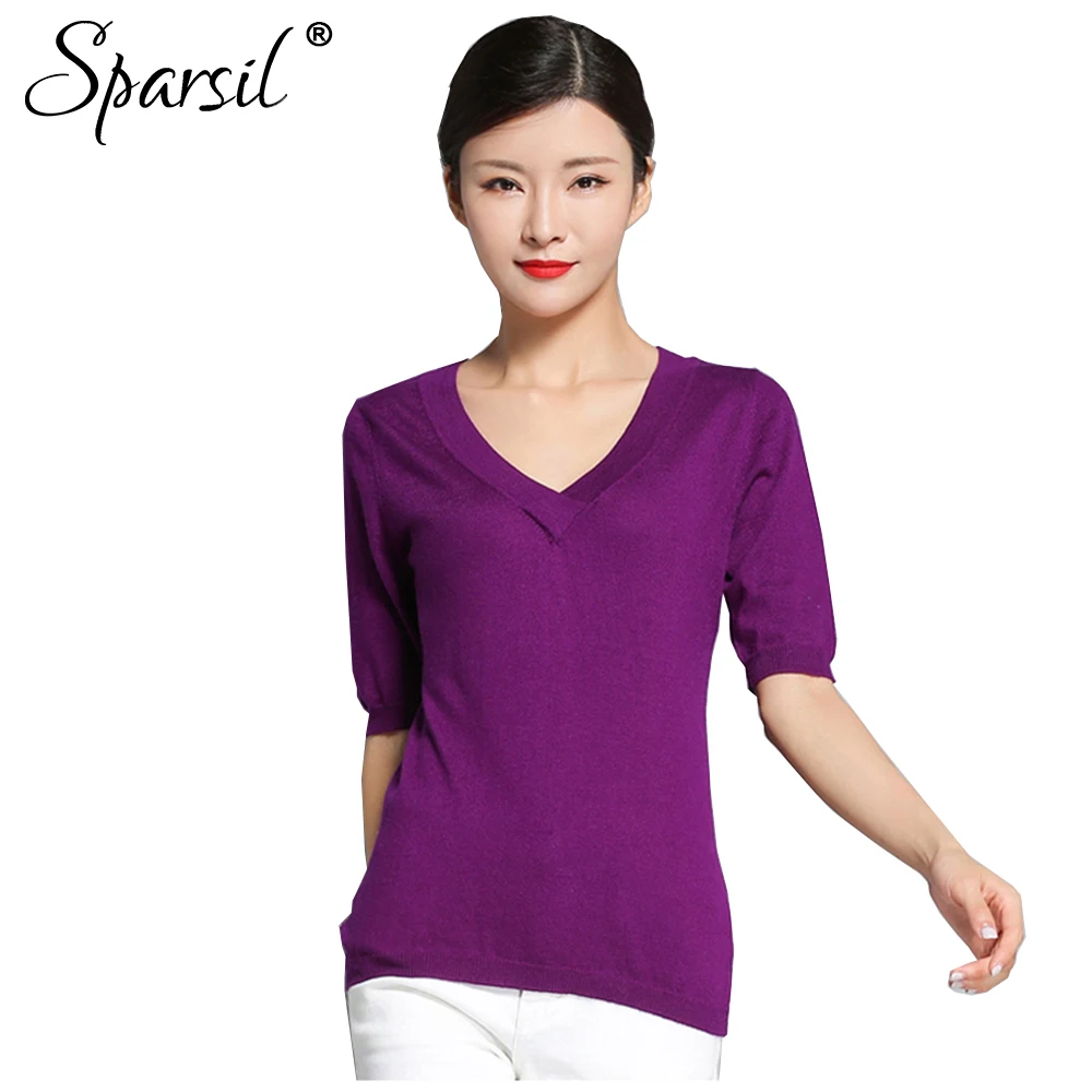 

Sparsil Women Summer Autumn Cool Thin Sweaters V-Neck Half Sleeve Knitted Pullovers Female Solid Causal Tops
