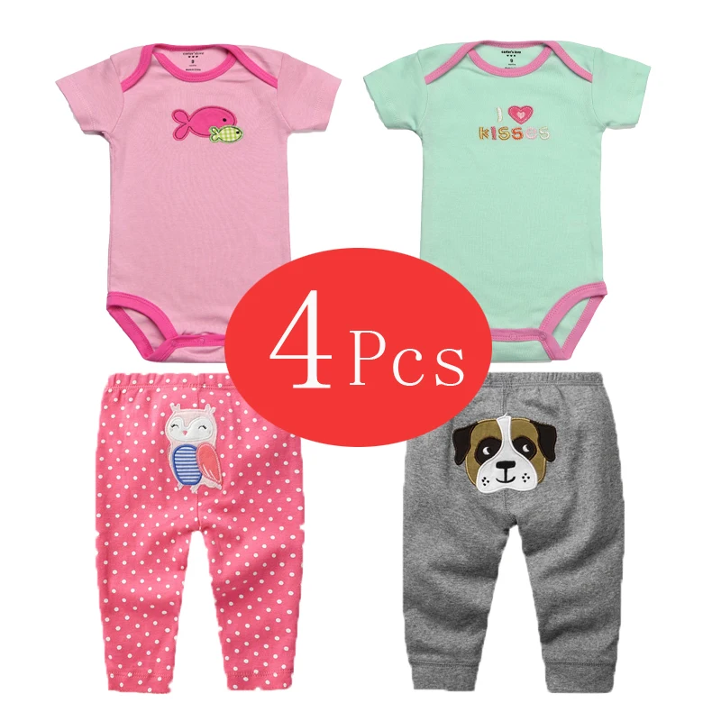 

4Pcs Baby Boy Clothes Summer Baby Rompers Cotton Baby Girl Clothing Set Newborn Clothes Roupas Bebe Infant Baby Jumpsuits+Pants