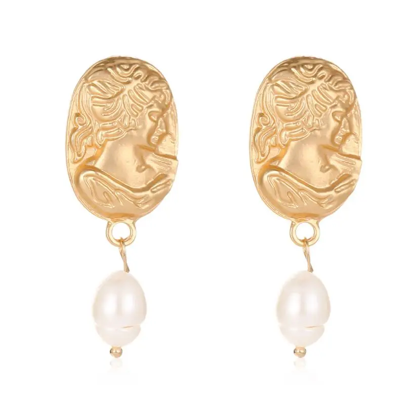 

Vintage Baroque Golden Beauty Head Pear Dangle Drop Earrings For Women Jewelry