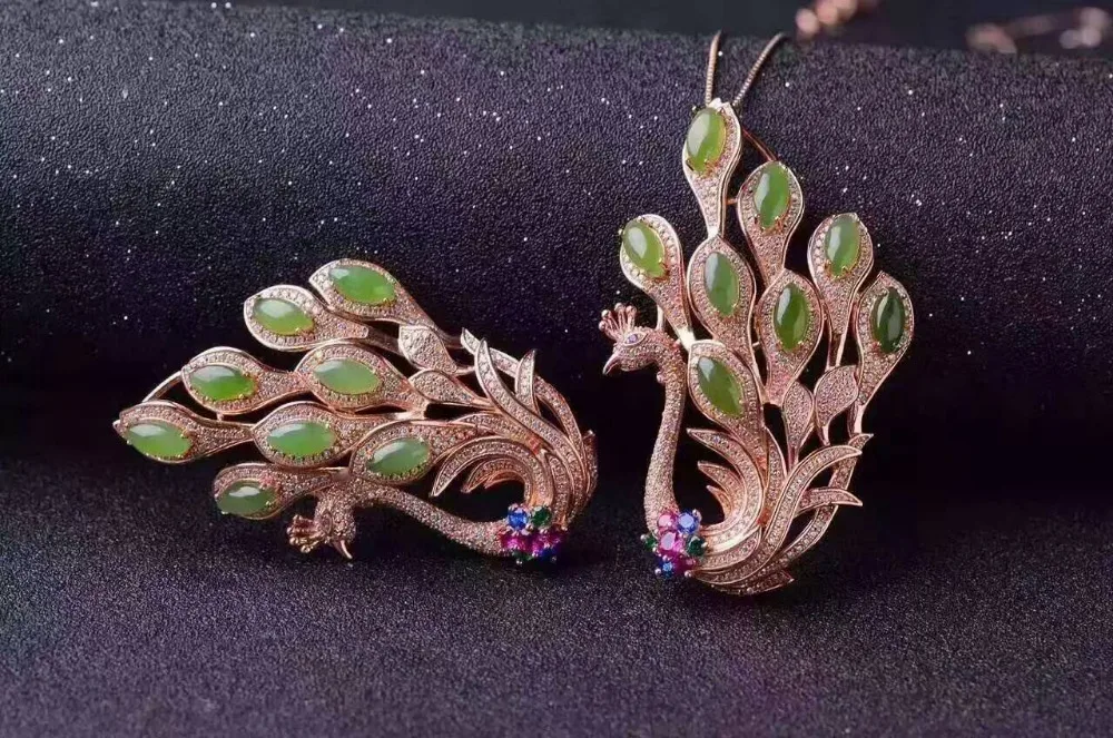  Bohême élégant paon deux utilisations naturel vert jaspe pendentif pierre naturelle pendentif broch