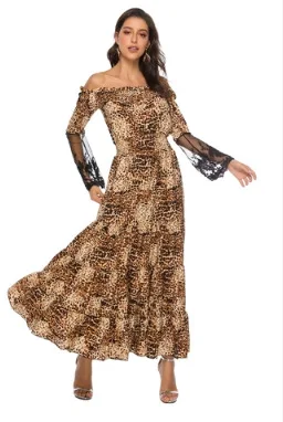Solid Print Boho Maxi Woman Dress Office Lady Fashion Vintage Beach Dresses Slash Neck Long Sleeve Party Vestido | Женская одежда