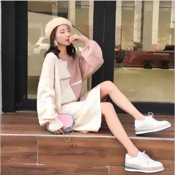 

Autumn and winter new Korean color matching loose large size sweater women sweater dress Lap top bottoming knit dress