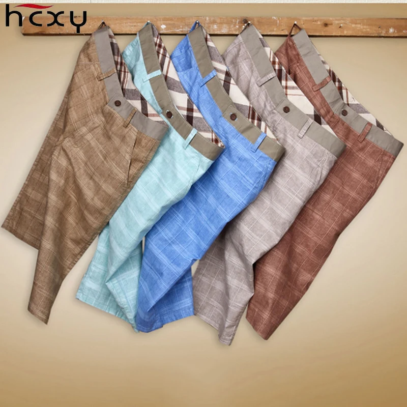 

HCXY 2019 Summer Men's Linen Shorts Men Plaid Casual Shorts MaleThin Cool Breathable cotton Knee Length beach shorts